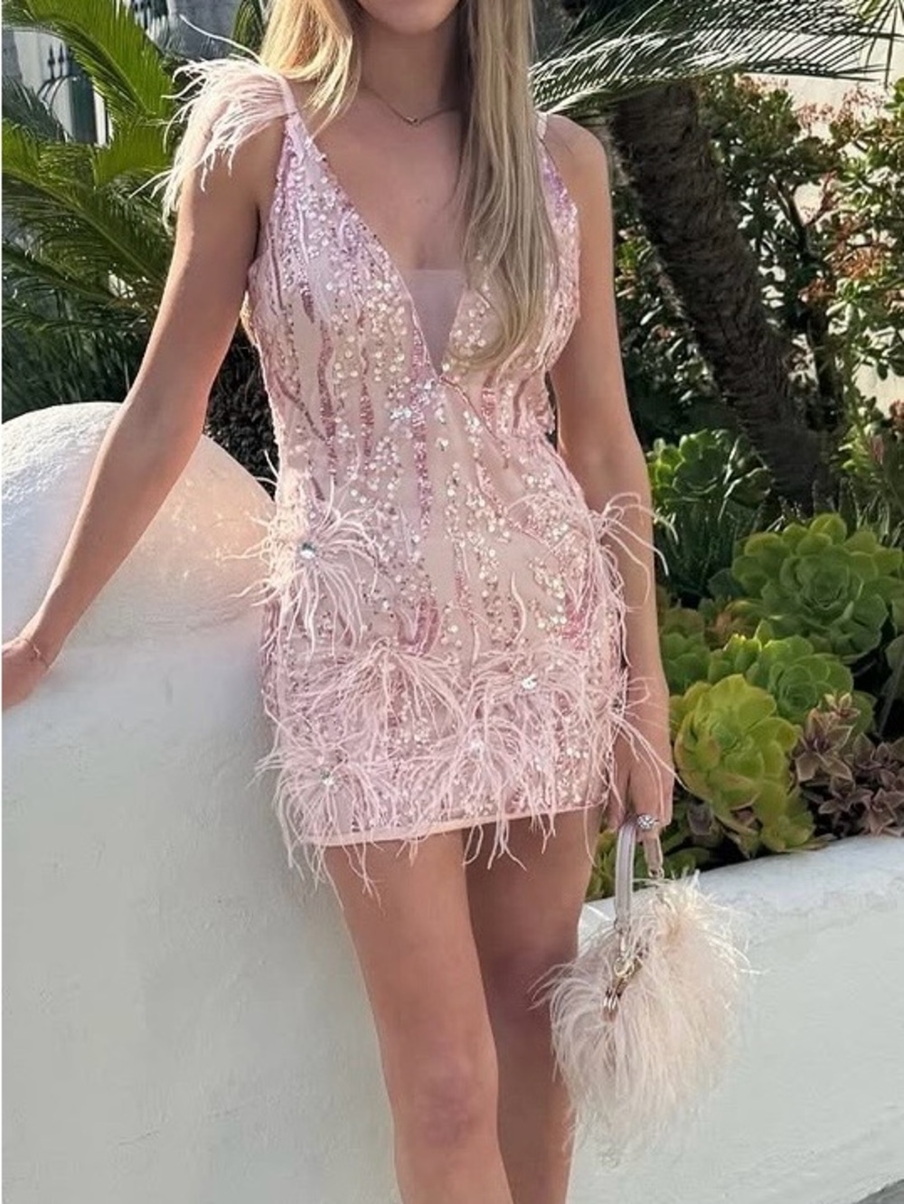 Feather-Embellished Pink Mini Dress - Picture 5 of 7